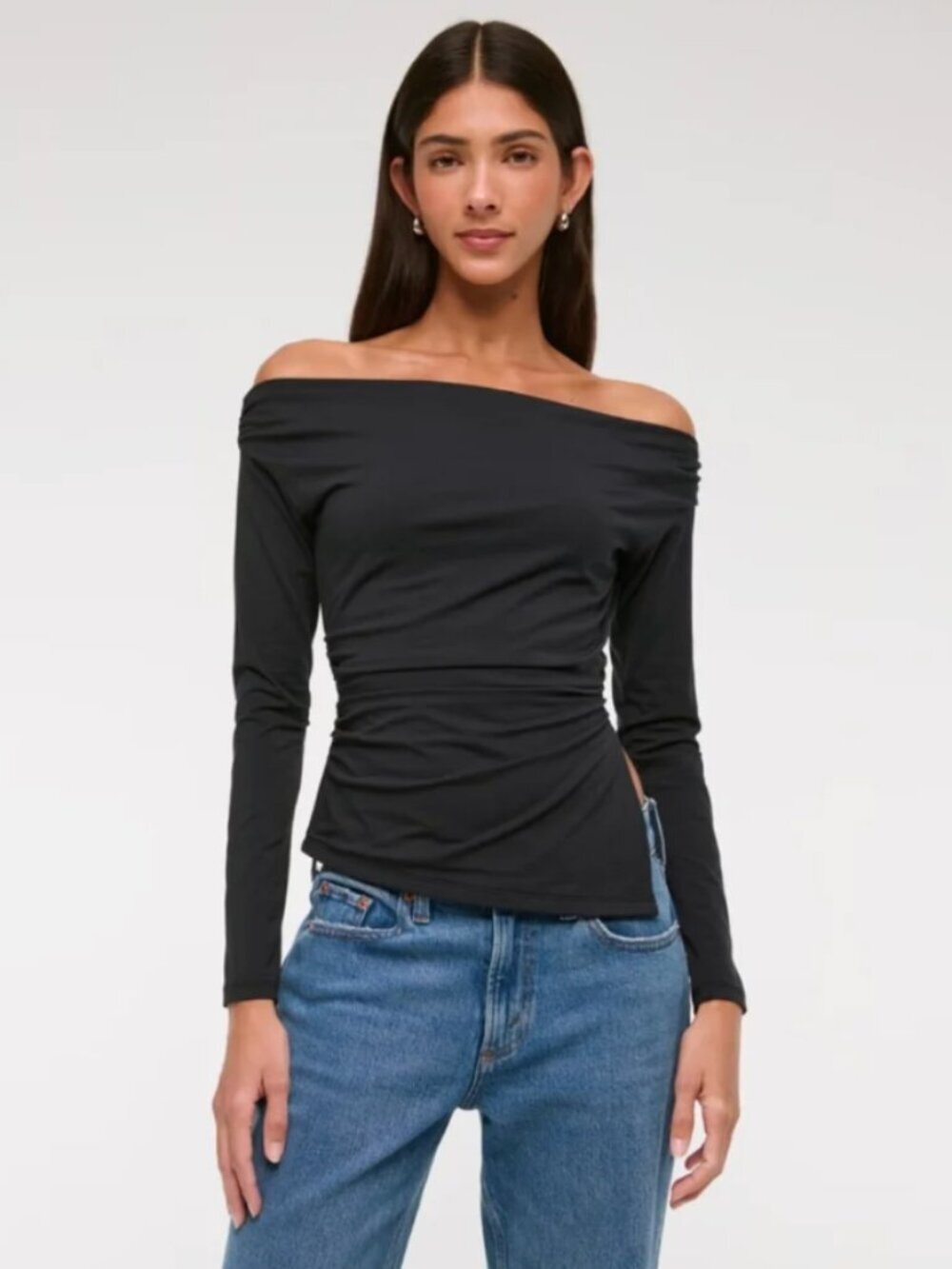 Abercrombie Modal Blend Black Draped Off The Shoulder Long Sleeve Top Medium - Picture 3 of 8